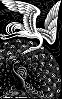 Peacock and Cranes Woodcut.tif